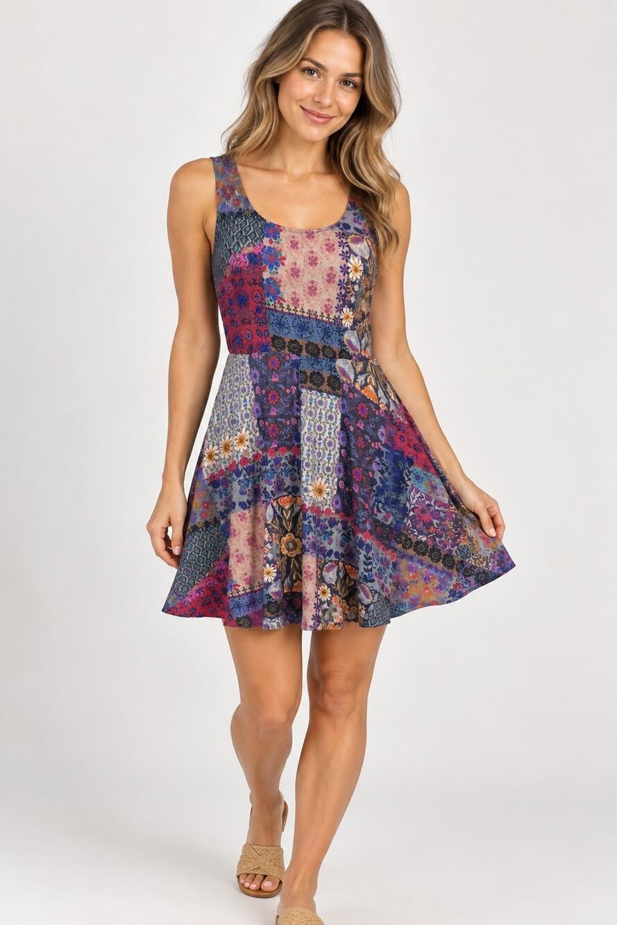 Natural Life Blue Pink Floral Patchwork Mini Dress NWT Medium